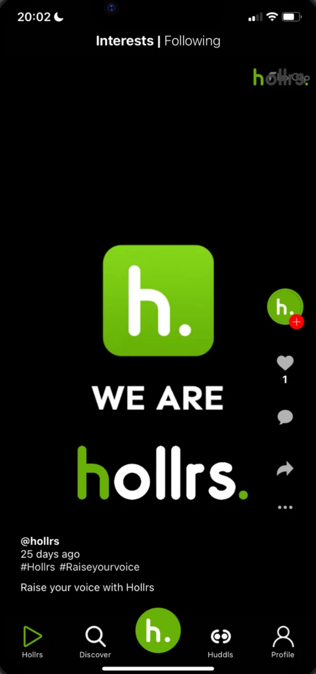 The Hollrs video feed with like, comment and share controls