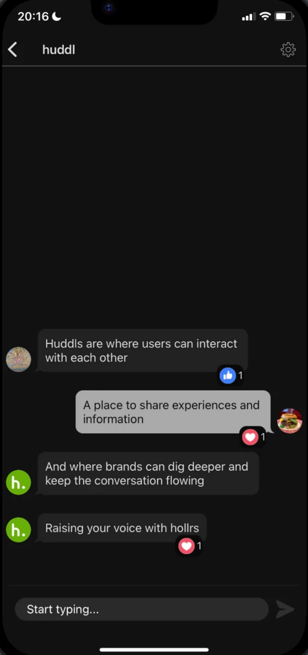A Huddl group conversation between users and a brand