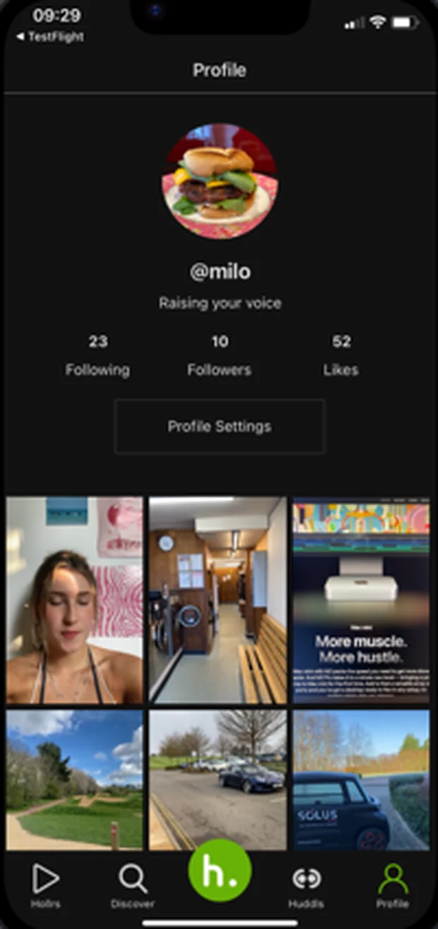 A Hollrs profile showing followers and posts