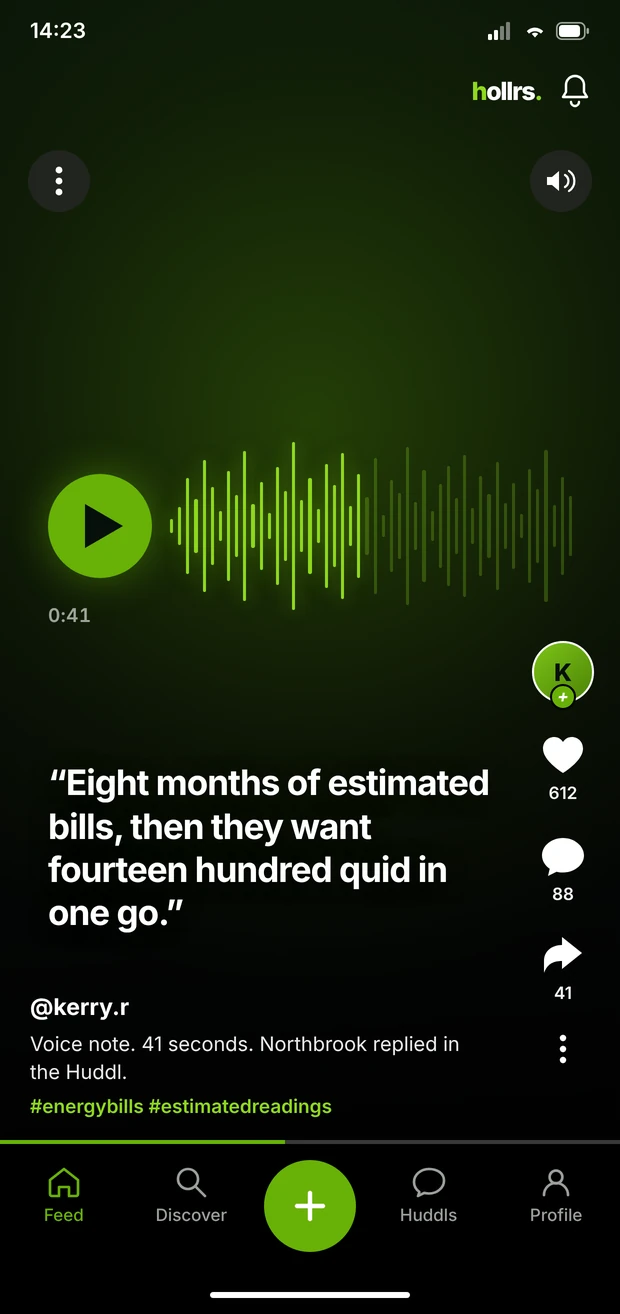 A Hollrs voice post about estimated energy bills, with 612 likes and a reply from the brand